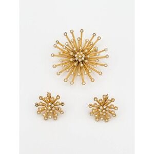 VTG Starburst Brooch & Earrings Set Gold Tone Rhinestones Clip-On